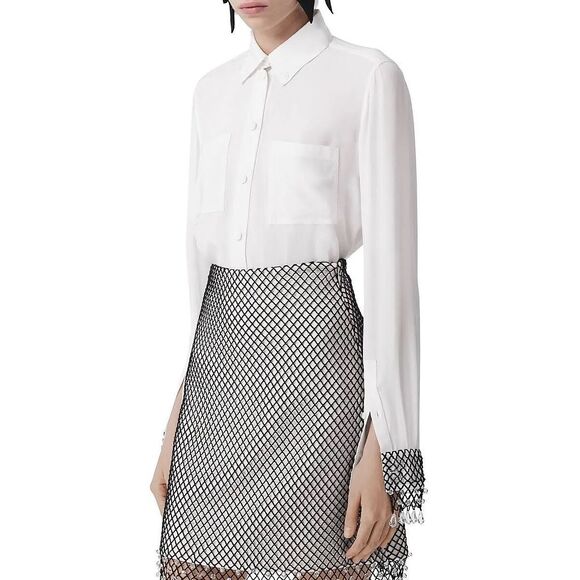 NWT Burberry Button Front Crystal Fringe Cuff Long Sleeve Silk Blouse Ivory Sz 6 - Picture 2 of 14